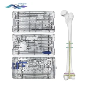 OrthoPro Distal Femur Intramedullary Nail Instrument Set with spiral blade tools for retrograde nailing