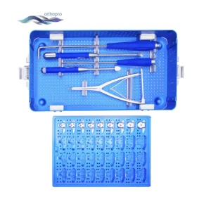Interspinous Spacer Instrument Set in sterilization tray for lumbar decompression