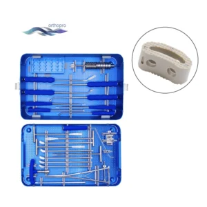 TLIF PEEK Cage Instrument Set organized in aluminum sterilization case