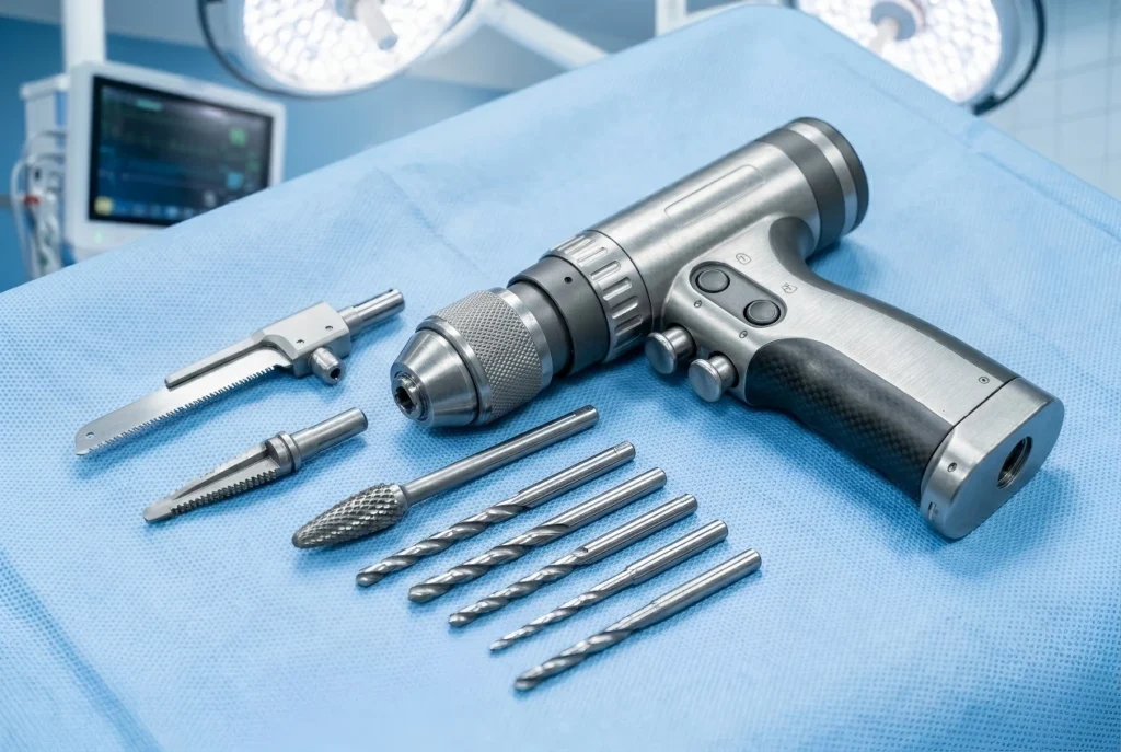 OrthoPro mini multi-head bone drill for customizable surgical kits in hospital settings
