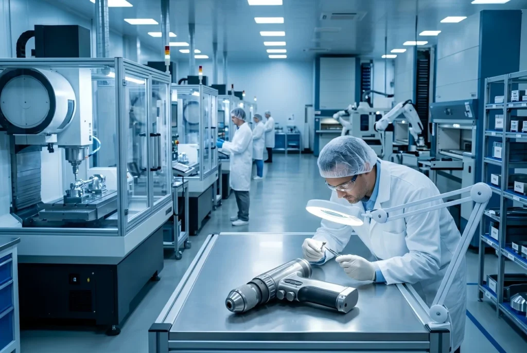 Factory floor of a real neurosurgical instruments manufacturer showing CNC machines